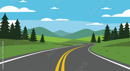 Winding asphalt road through a green landscape with pine trees and mountains highway curved