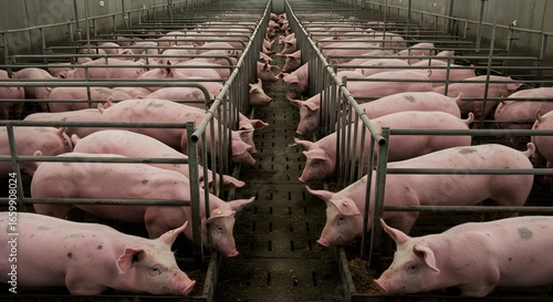 Pigs in pens at pig farm