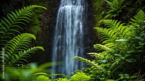 Fototapeta Naklejka Na Ścianę i Meble -  Lush Green Ferns Frame a Serene Waterfall in a Tropical Rainforest jungle nature