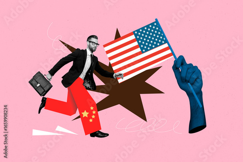 Photography Creative 3D photo collage trend template of young man wear china pants run usa f