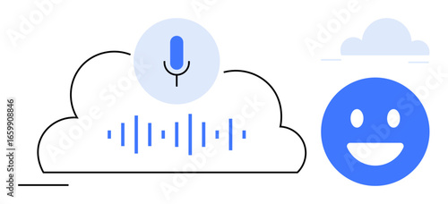 Microphone inside cloud with digital audio waveform, smiling face icon, and soft colors. Ideal for technology, communication, AI, voice assistant, innovation, user experience simple landing page