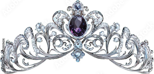 Luxurious silver tiara with a deep purple gemstone and sparkling diamond accents crown diadem