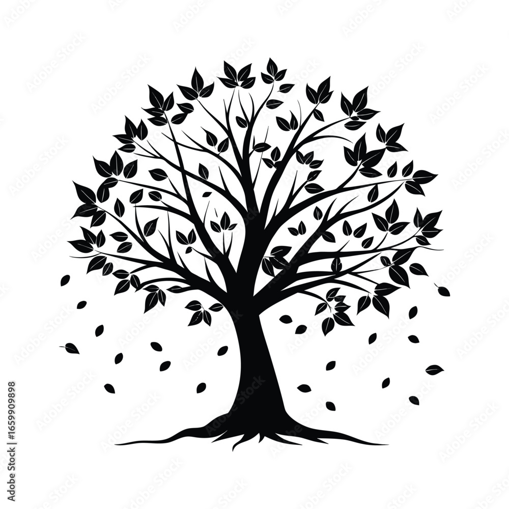 Obraz premium Silhouette of a deciduous tree with falling leaves against a white background