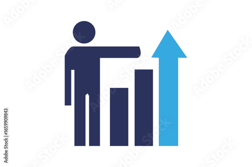 Business Growth and Leadership – Person Pointing at Upward Trending Bar Chart with Arrow Representing Market Expansion