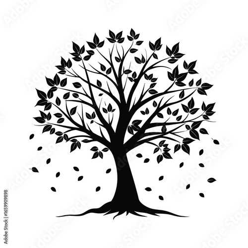 Silhouette of a deciduous tree with falling leaves against a white background