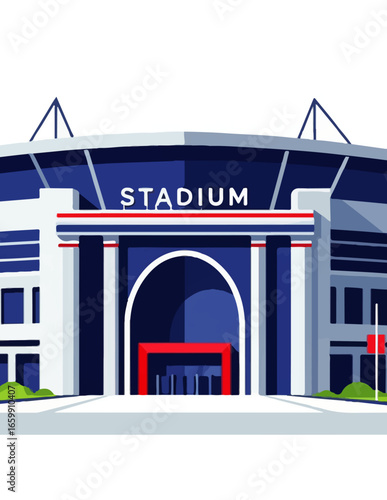Vibrant illustration of a grand stadium entrance, a prominent contemporary architectural venue designed for major sporting events and large-scale entertainment.