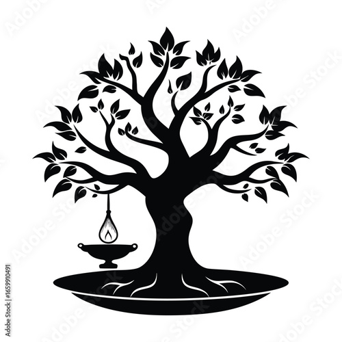 Silhouette of a sprawling tree with a hanging oil lamp at its base