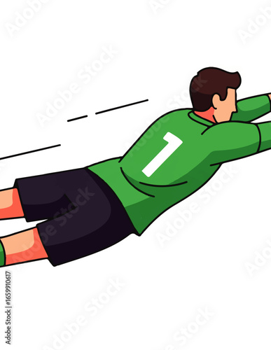 Dynamic illustration of a skilled male soccer goalkeeper making a spectacular diving save, showcasing athleticism and quick reflexes during an intense football match.