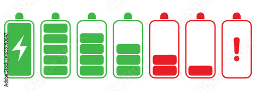 Battery charging icon, charge indicator symbol. Level battery energy powerfully icon vector. Battery charge full and low charge icon, symbol. Vector illustration. 