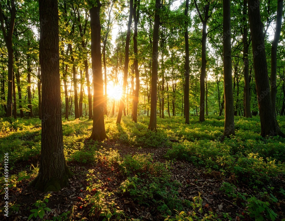 Obraz premium Sunset in Lush Green Forest.