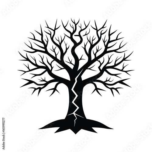 Striking black silhouette of a gnarled tree with a jagged lightning bolt scar