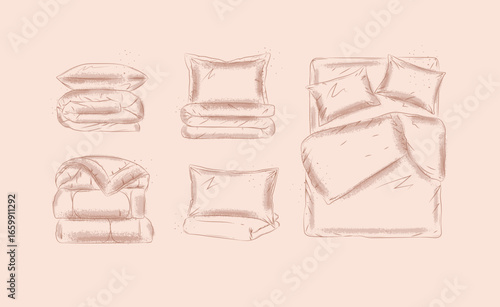 Bedding set with elements pillow, folded blanket, sheet, bed for bedroom drawn in graphic style on beige background