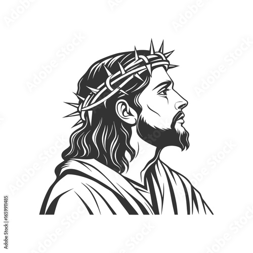 Jesus Christ with Crown of Thorns Vintage Illustration on White Background