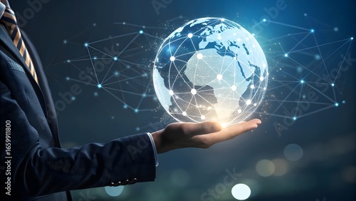 Man in suit holding glowing globe with network connections in his hand on a blurred background
