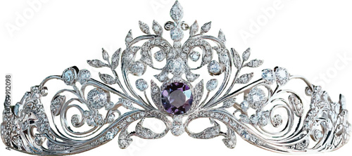 Silver Tiara with Round Purple Gemstone and Leafy Diamond Embellishments crown diadem