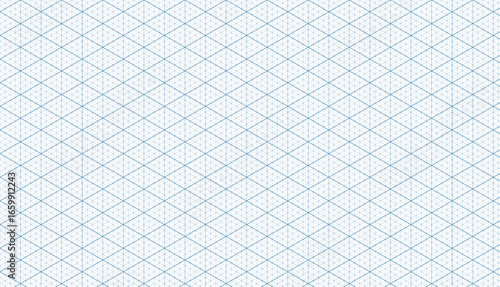 Blue isometric triangle grid paper. Vector background template for blueprints, architectural plans and technical graphics. Rulers, guides and precise marking.