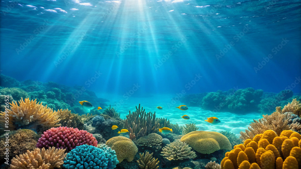 Naklejka premium Underwater Coral Reef Scene with Sunlight Rays and Tropical Fish ocean marine life