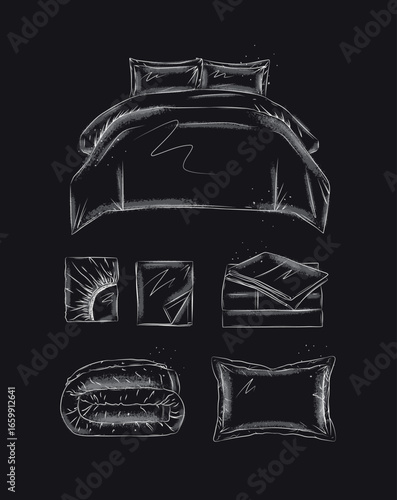 Bedding elements set with pillow, folded blanket, sheet, bed for bedroom drawn in graphic style on black background