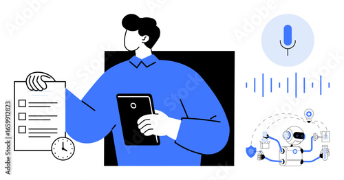 Individual holding a checklist and tablet, voice recognition icon with soundwaves, AI robot performing tasks. Ideal for productivity, technology, voice command, AI, automation, task management