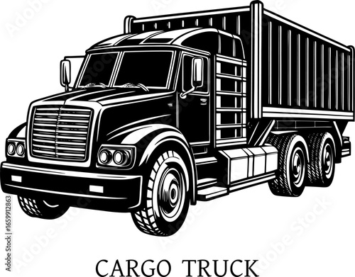 A heavy-duty truck with cargo, isolated on white BACKGROUND. semi trailer truck vector on black and white background, semi truck silhouette