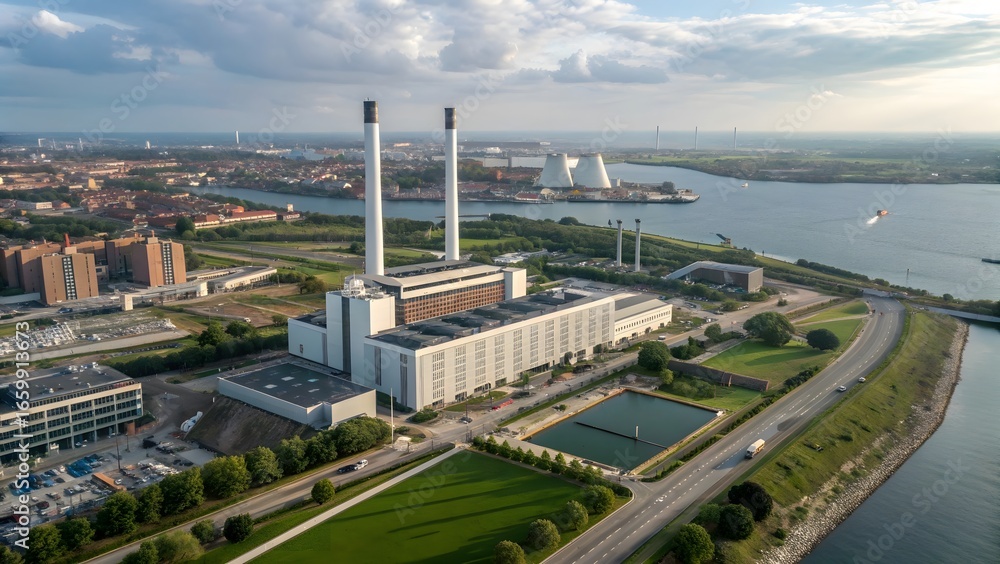 Obraz premium Aerial view of a power plant with tall smokestacks near a body of water and urban development areas