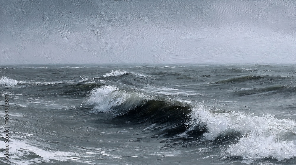 Fototapeta premium Moody oil painting of a stormy sea with bold dynamic brushstrokes, capturing powerful movement of ocean waves, dramatic atmosphere, natural force, and emotional depth in expressive seascape
