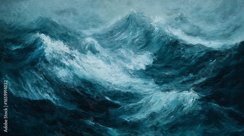 Moody oil painting of a stormy sea with bold dynamic brushstrokes, capturing powerful movement of ocean waves, dramatic atmosphere, natural force, and emotional depth in expressive seascape