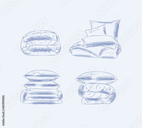 Blankets and pillows elements set with pillow, folded blanket, sheet for bedroom drawn in graphic style on blue background