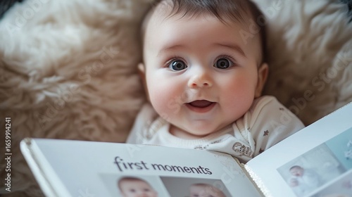 Cute caucasian baby with photo album, lying on soft blanket