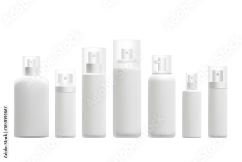 Cosmetic 3D spray bottle mockup set, isolated, transparent background. Clean aerosol or mist product packaging, white plastic, light gray pump, translucent lid cap. Beauty skin care, hair dry shampoo.
