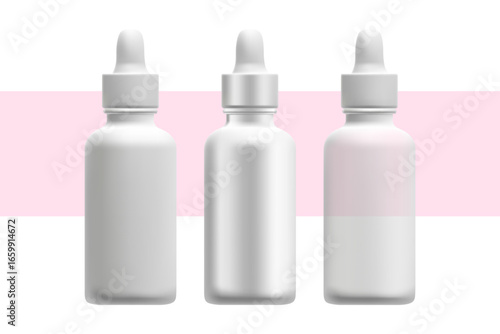 Cosmetic 3D serum dropper bottle mockup set, isolated, transparent background. Skin care clean white plastic, silver metallic, light gray translucent glass. Beauty oil moisturizer product packaging.