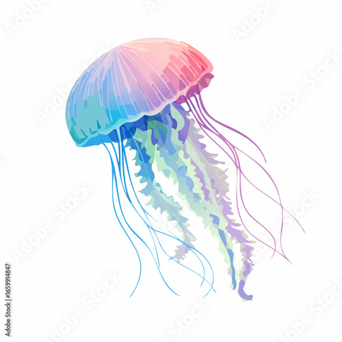Isolated blue jellyfish swimming deep in the dark sea with a black background