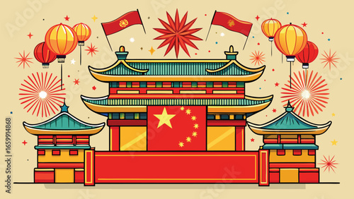 China National Day Banner. A Chinese holiday illustration with a traditional gate, lanterns, and flag for celebration