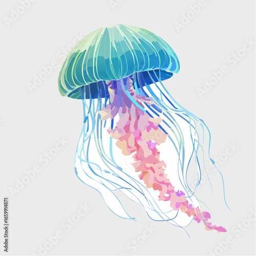 Flowing rainbow jellyfish with an ink-like texture gracefully swirling through the dark blue water