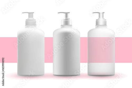 Cosmetic 3D plastic dispenser bottle with pump mockup set, isolated, transparent background. Skin care lotion bottle, clean white, light gray translucent glass. Beauty moisturizer product packaging.