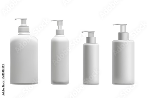 Cosmetic 3D plastic dispenser bottle with pump mockup set, isolated, transparent background. Skin care lotion bottle, clean texture. Beauty moisturizer, cleansing gel, face wash product packaging.