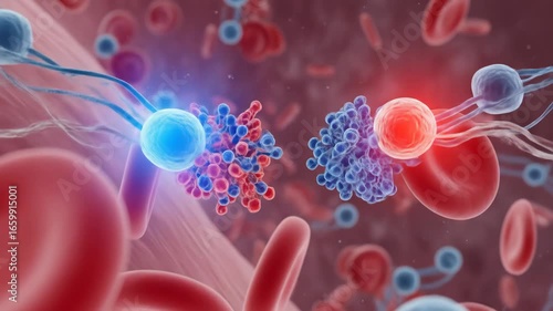 Digital Illustration of Immune Cells Interacting with Pathogens in Bloodstream for Medical and Scientific Use