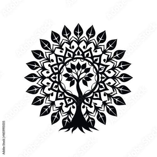 Intricate black and white mandala tree of life design