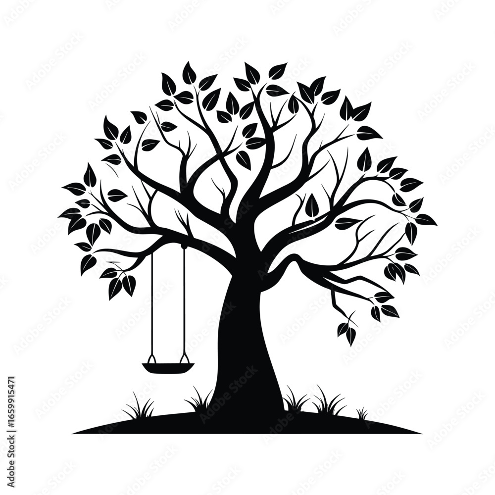 Fototapeta premium Silhouette of a large leafy tree with a hanging swing on a white background
