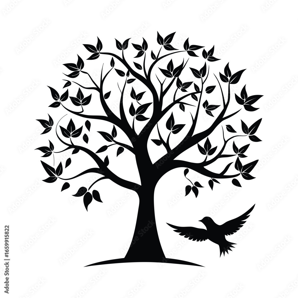 Obraz premium Silhouette of a majestic tree with a bird in flight against a white background