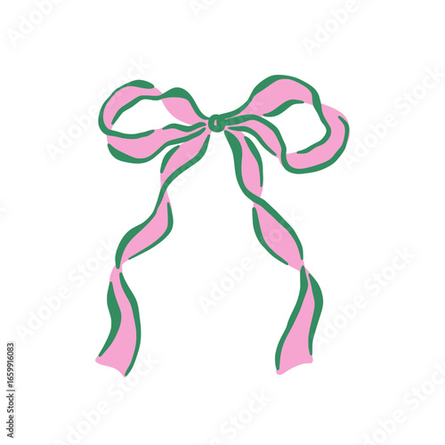 Pink wavy ribbon bow. Delicate hand drawn decoration isolated on white background. Coquette aesthetics. Organic lines. Clipart vector element for wedding decorations, greeting cards, tags, sticker