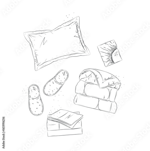 Sleep elements set with pillow, blanked, sheet, slippers for bedroom drawn in graphic style on white background