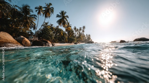 Tranquil Tropical Beach with Clear Water and Palm Trees Under a Bright Sky