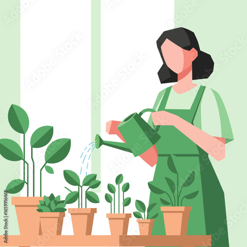 Woman happily watering potted plants on a sunny day, embracing a vibrant indoor gardening lifestyle and cultivating a serene, green living space.