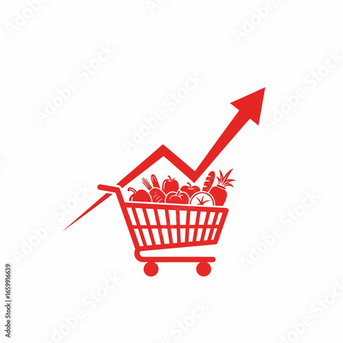 Supermarket shopping cart overflowing with fresh produce and a vibrant upward trending graph symbolizing retail sales growth and market success