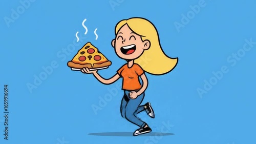 Cheerful young woman running happily holding steaming pizza in bright animated style