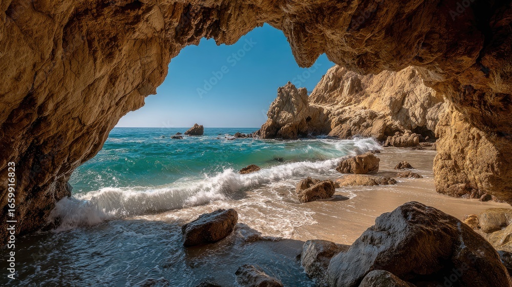 Fototapeta premium Scenic Coastal View Through Natural Rock Arch with Glistening Waves and Sandy Beach in Bright Sunny Weather
