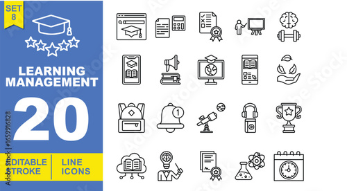 Learning Management line icon set. Vector pictograms of search, calculator, checklist, teaching, exercise, mobile, announcement, online, learning, nature, backpack, notification. Editable stroke