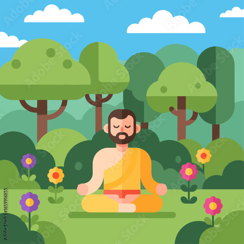 Serene man finds inner peace meditating in lush green park surrounded by vibrant flowers and trees, embracing tranquil mindfulness for ultimate relaxation and well-being