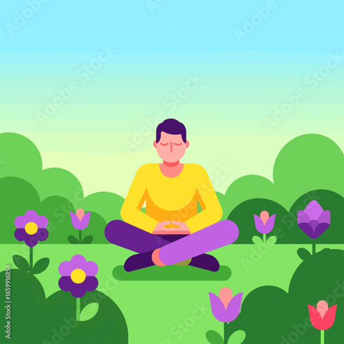 Wallpaper Mural Man meditates peacefully in lush green garden surrounded by vibrant flowers, finding inner calm amidst nature's serenity for wellness and mindfulness Torontodigital.ca